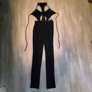 Black cut out, mesh insert jumpsuit